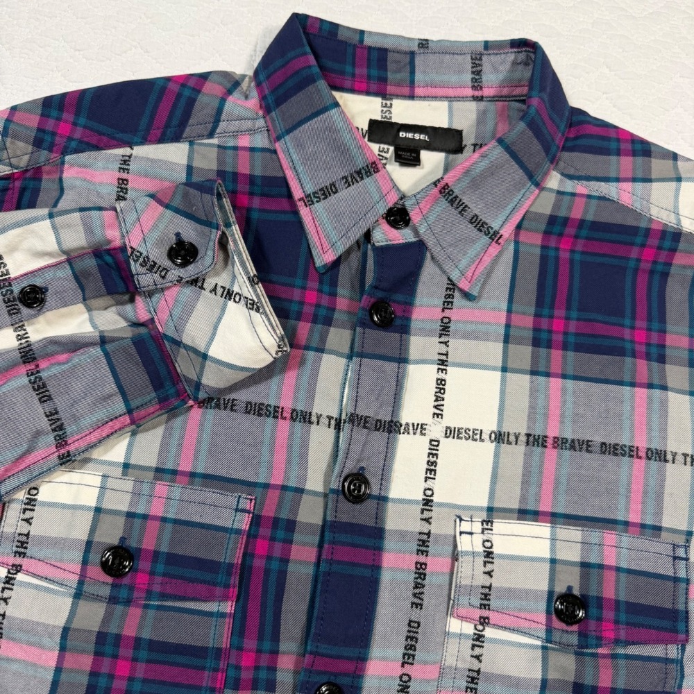 Diesel Men's Large S-MILLER-A "Only The Brave" Logo‎ Plaid Flannel Shirt NWOT